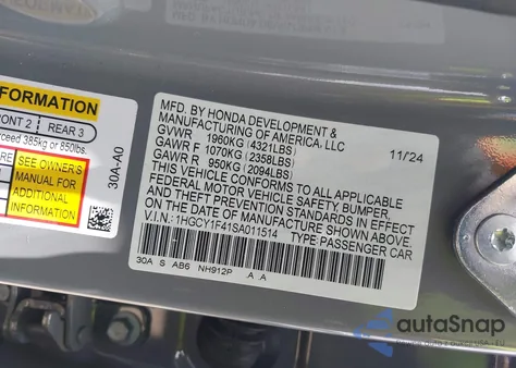 2025 Honda Accord Se from USA, damaged, VIN 1HGCY1F41SA011514